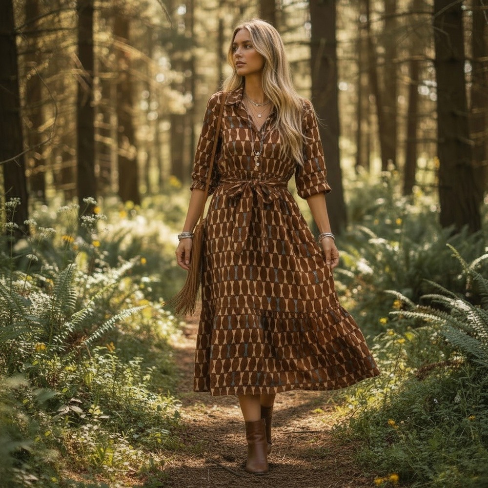 Mod's Mahal Brown India Block Print Geometric Cotton Tiered Midi Dress‎ XS